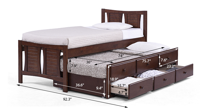 Francis Single Bed With Trundle and Storage (Mahogany)